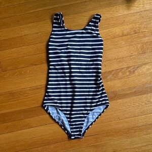 Lands' End Navy and White Striped Kids Swim One Piece